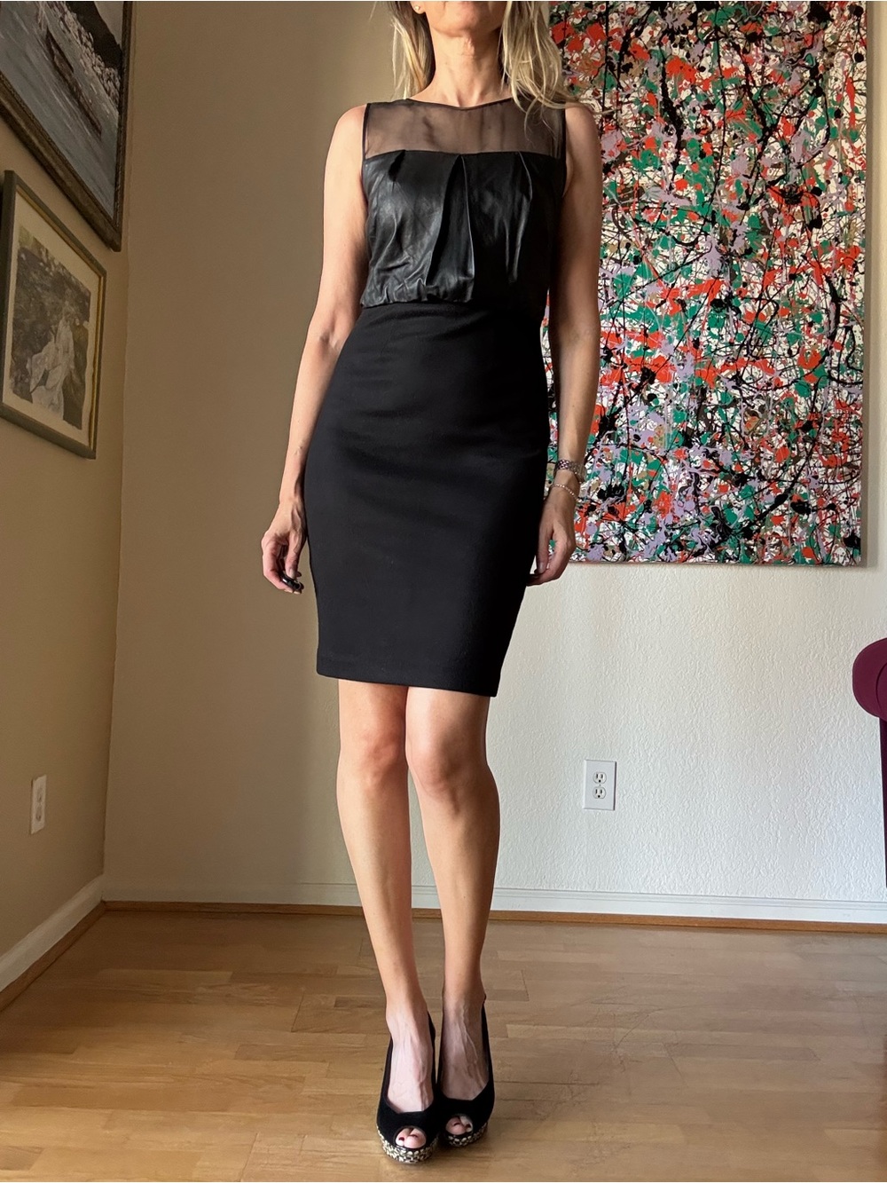 L'AGENCE Black Sheath Dress with Leather Bodice